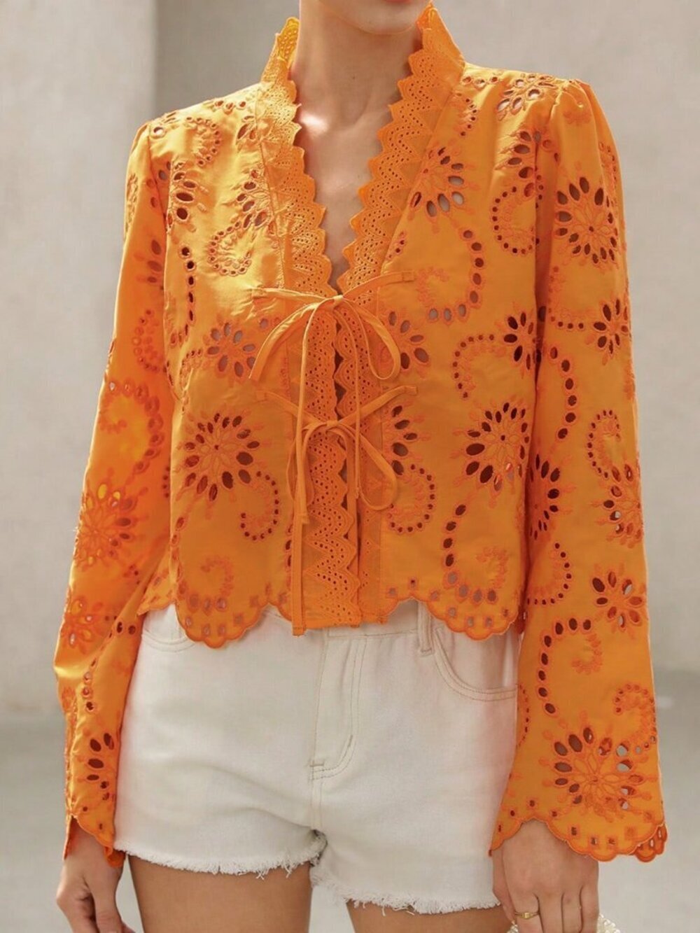 Orange Boho Women's Frayed Hem Long Sleeve Blouse